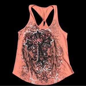 Y2K Coral Graphic Cross Racerback Tank Top Studs and Rhinestones